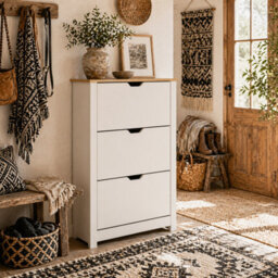 Wyld Haus Rokeha Narrow White Shoe Cupboard With 3 Tilt-Out Drawers - 72 X 26 X 112 Cm - Holds Up To 18 Pairs