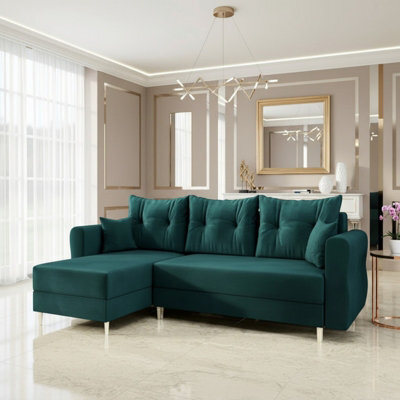 Zako L Space Saving Corner Sofa Bed Reversible Chaise With Storage Pull Out Bed Turquoise Upholstery - image 1