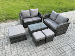 Fimous 7 Seater Garden Furniture Set Rattan Outdoor Lounge Sofa Chair With Tempered Glass Table 3 Footstools Dark Grey Mixed - thumbnail 2