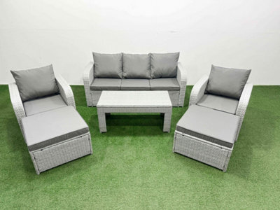 Fimous Pe Rattan Garden Furniture Set Reclining Chair Sofa Lounge Sofa Set Rectangular Coffee Table 2 Big Footstool Light Grey - image 1
