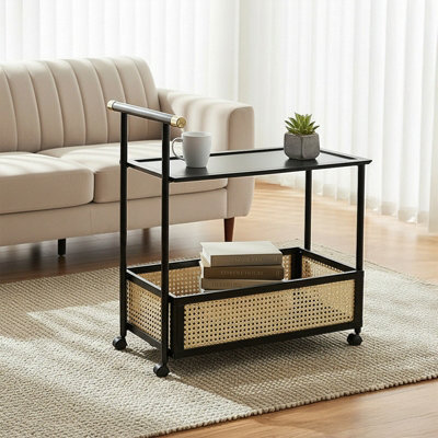Living And Home 2-Tier Black Rolling Bamboo Side Table With Side Handle, 40Cm W X 70Cm D X 72Cm H - image 1