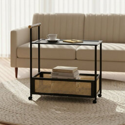 Living And Home 2-Tier Black Rolling Bamboo Side Table With Side Handle, 40Cm W X 70Cm D X 72Cm H - thumbnail 2