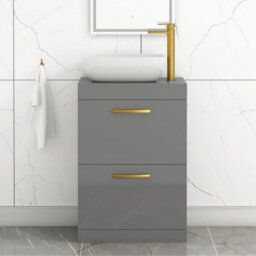 Royal Bathrooms 600mm Floor Standing Vanity Unit 2 Drawer Indigo Grey Gloss & Countertop Basin - Elva With Brushed Brass Handle - thumbnail 1