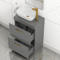 Royal Bathrooms 600mm Floor Standing Vanity Unit 2 Drawer Indigo Grey Gloss & Countertop Basin - Elva With Brushed Brass Handle - thumbnail 3