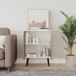 Urbn-Living Urbnliving 60Cm Height 2 Tier White Wooden Bookcase With Oak Door Scandinavian Style Black Legs Bedroom Shelf - thumbnail 2