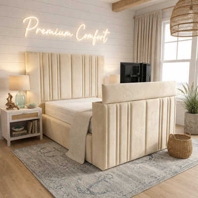 5' King - Cream - Premium Tv Line Panel Cinema Bed Frame Plush Velvet With Footboard - Non Storage - image 1