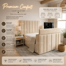 5' King - Cream - Premium Tv Line Panel Cinema Bed Frame Plush Velvet With Footboard - Non Storage - thumbnail 2