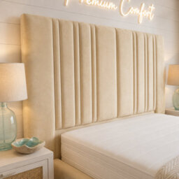 5' King - Cream - Premium Tv Line Panel Cinema Bed Frame Plush Velvet With Footboard - Non Storage - thumbnail 3