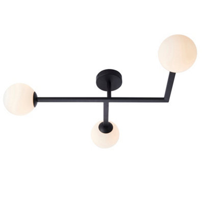 Matt Black Semi Fush Bathroom Ceiling Light & Opal Glass Shade - 3 Bulb Fitting - image 1