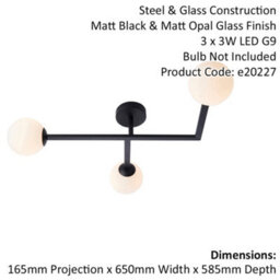 Matt Black Semi Fush Bathroom Ceiling Light & Opal Glass Shade - 3 Bulb Fitting - thumbnail 2