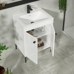 Royal Bathrooms Verona 600mm Gloss White Floor Standing Vanity Unit 2 Door With Stone Basin & Matt Black Knob - thumbnail 5