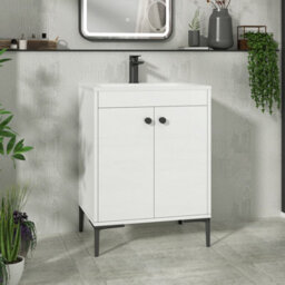Royal Bathrooms Verona 600mm Gloss White Floor Standing Vanity Unit 2 Door With Stone Basin & Matt Black Knob