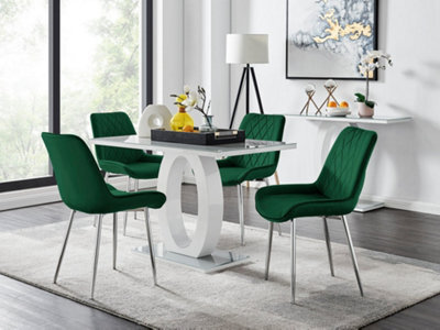 Furniturebox Giovani Rectangular 4 Seat White High Gloss Unique Halo Base Dining Table Grey Glass Top 4 Green Velvet Silver Leg Pesaro Chairs - image 1