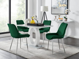 Furniturebox Giovani Rectangular 4 Seat White High Gloss Unique Halo Base Dining Table Grey Glass Top 4 Green Velvet Silver Leg Pesaro Chairs