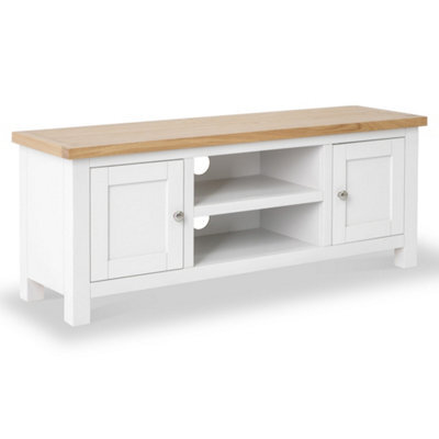 Farro White 120Cm Large Tv Unit - Fully Assembled - Painted With Oak Top By Roseland Furniture - image 1
