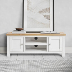 Farro White 120Cm Large Tv Unit - Fully Assembled - Painted With Oak Top By Roseland Furniture - thumbnail 2
