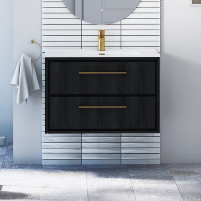 Royal Bathrooms Livora 800mm Black Woodgrain Wall Hung Bathroom Vanity Unit 2 Drawer With Ceramic Basin & Brushed Brass Handle - image 1