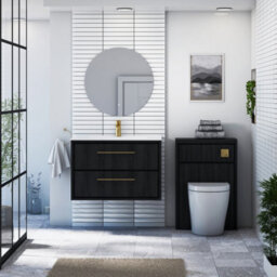 Royal Bathrooms Livora 800mm Black Woodgrain Wall Hung Bathroom Vanity Unit 2 Drawer With Ceramic Basin & Brushed Brass Handle - thumbnail 3