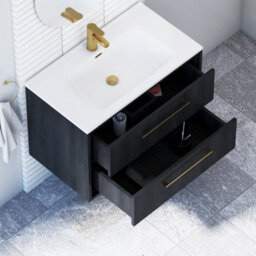 Royal Bathrooms Livora 800mm Black Woodgrain Wall Hung Bathroom Vanity Unit 2 Drawer With Ceramic Basin & Brushed Brass Handle - thumbnail 4
