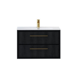 Royal Bathrooms Livora 800mm Black Woodgrain Wall Hung Bathroom Vanity Unit 2 Drawer With Ceramic Basin & Brushed Brass Handle - thumbnail 5
