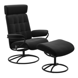 Stressless London Lounge Chair With Adjustable Headrest+Stool, Black Leather - Barker & Stonehouse