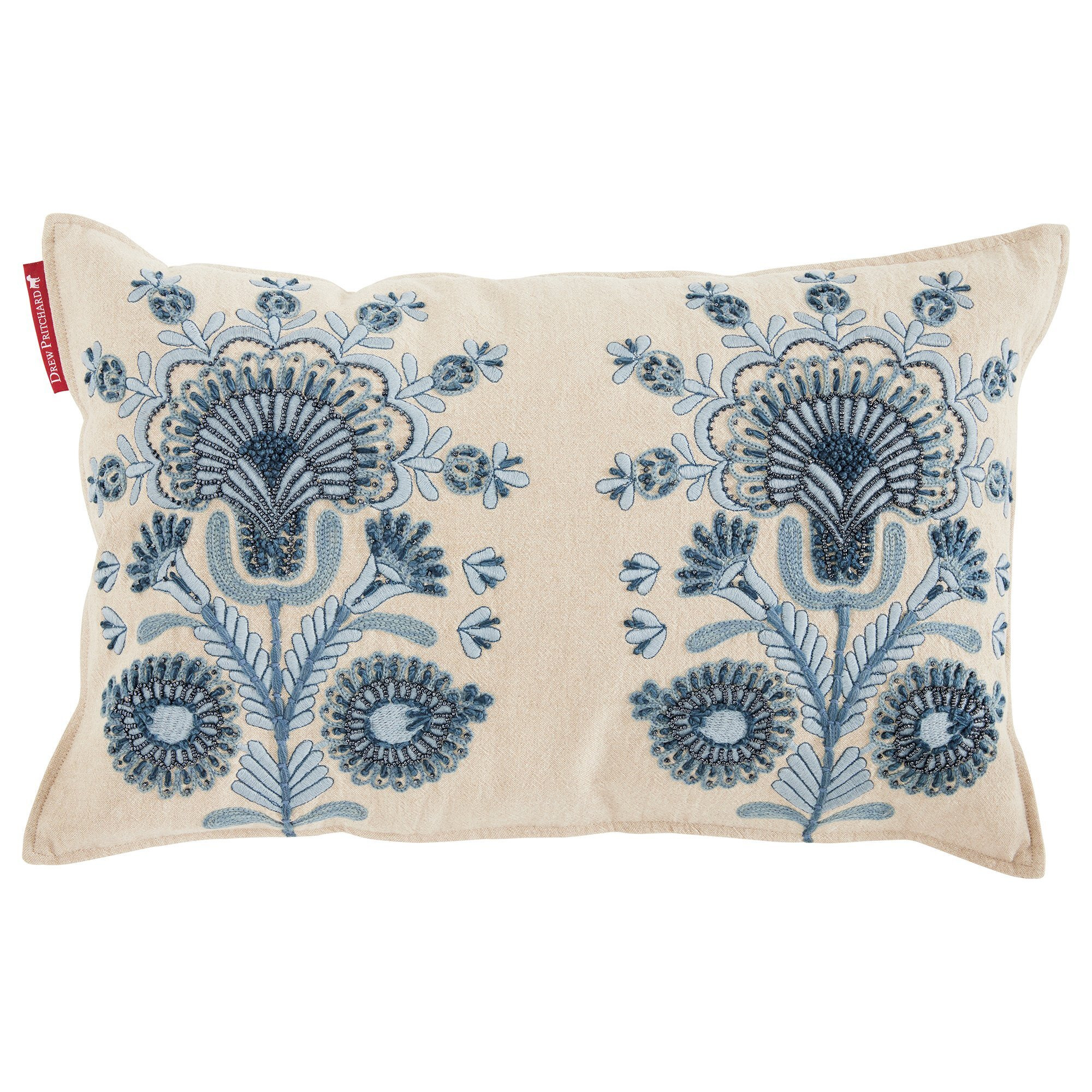 Embroidered Blue Cushion, Square, Neutral 100% Cotton - Barker & Stonehouse