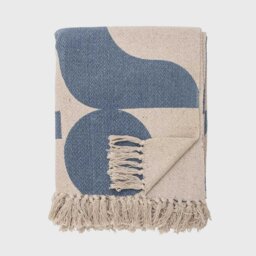 Recycled Printed Fringed Throw Blanket, Blue Cotton Blend - Barker & Stonehouse
