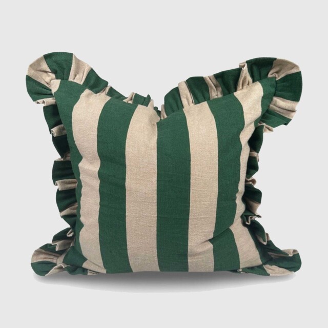 Green Striped Frill Cushion, Square Cotton - Barker & Stonehouse - image 1