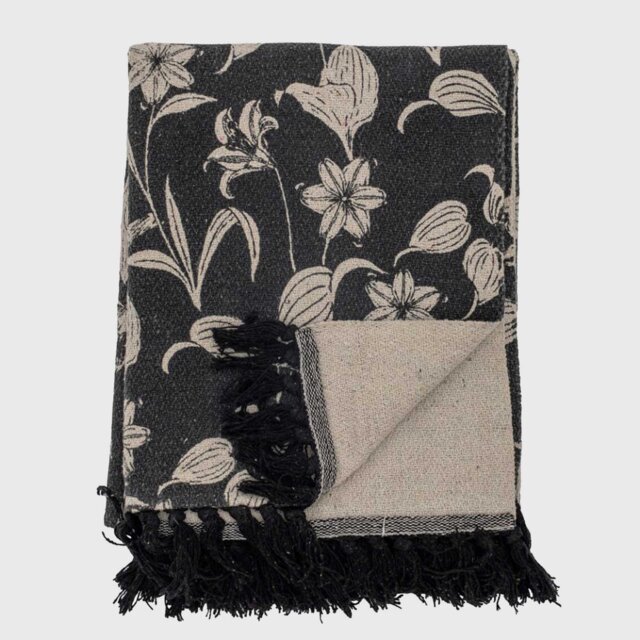 RECYCLED FLORAL FRINGED THROW, Black Cotton Blend - Barker & Stonehouse