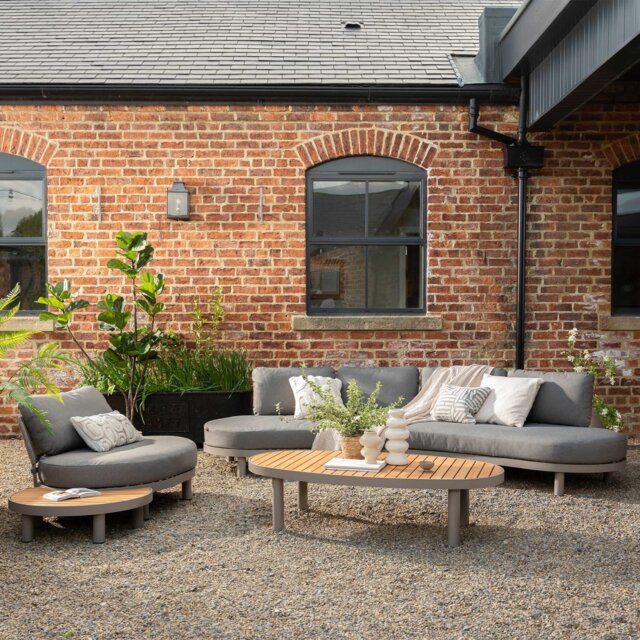 Zamora Garden 3STR Curved Sofa, Teak, Grey - Barker & Stonehouse