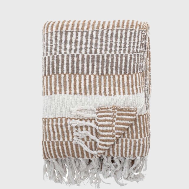 NATURAL STRIPED PLAID THROW, Neutral Cotton Blend - Barker & Stonehouse