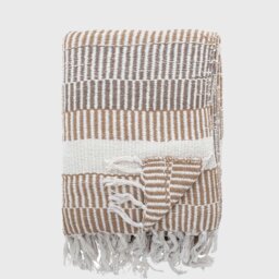 NATURAL STRIPED PLAID THROW, Neutral Cotton Blend - Barker & Stonehouse