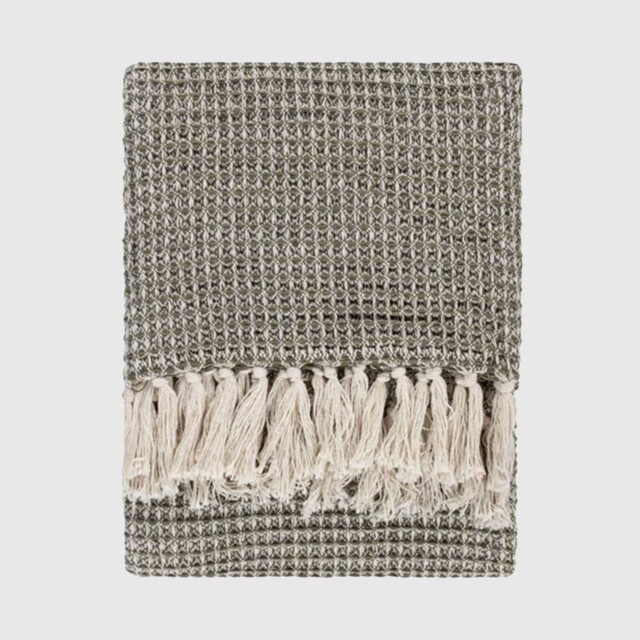 Moss Waffle Fringed Throw Blanket, Green Cotton - Barker & Stonehouse - image 1
