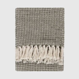 Moss Waffle Fringed Throw Blanket, Green Cotton - Barker & Stonehouse - thumbnail 1