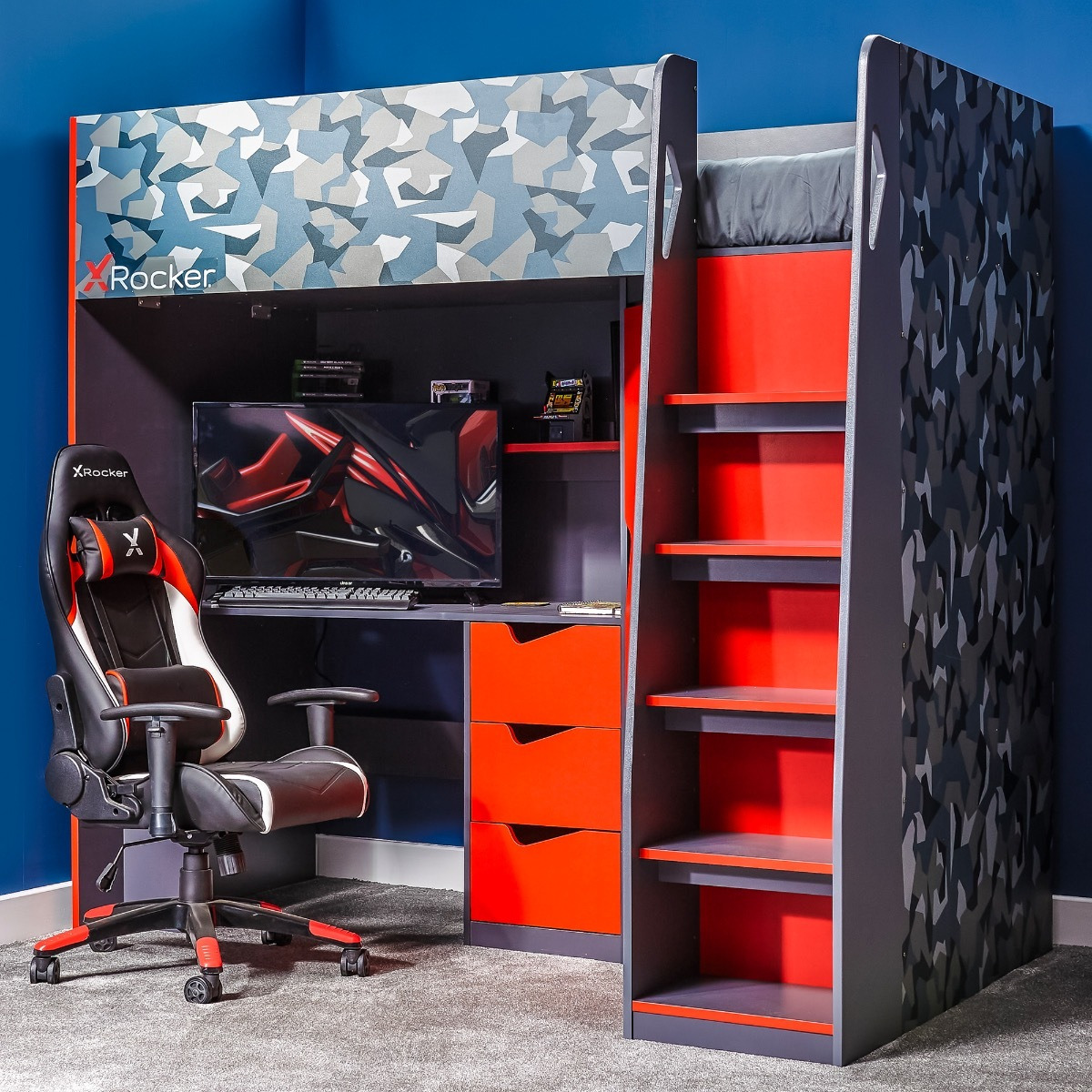 X Rocker XR Hideout Large Gaming Highsleeper with Desk Red by Bed