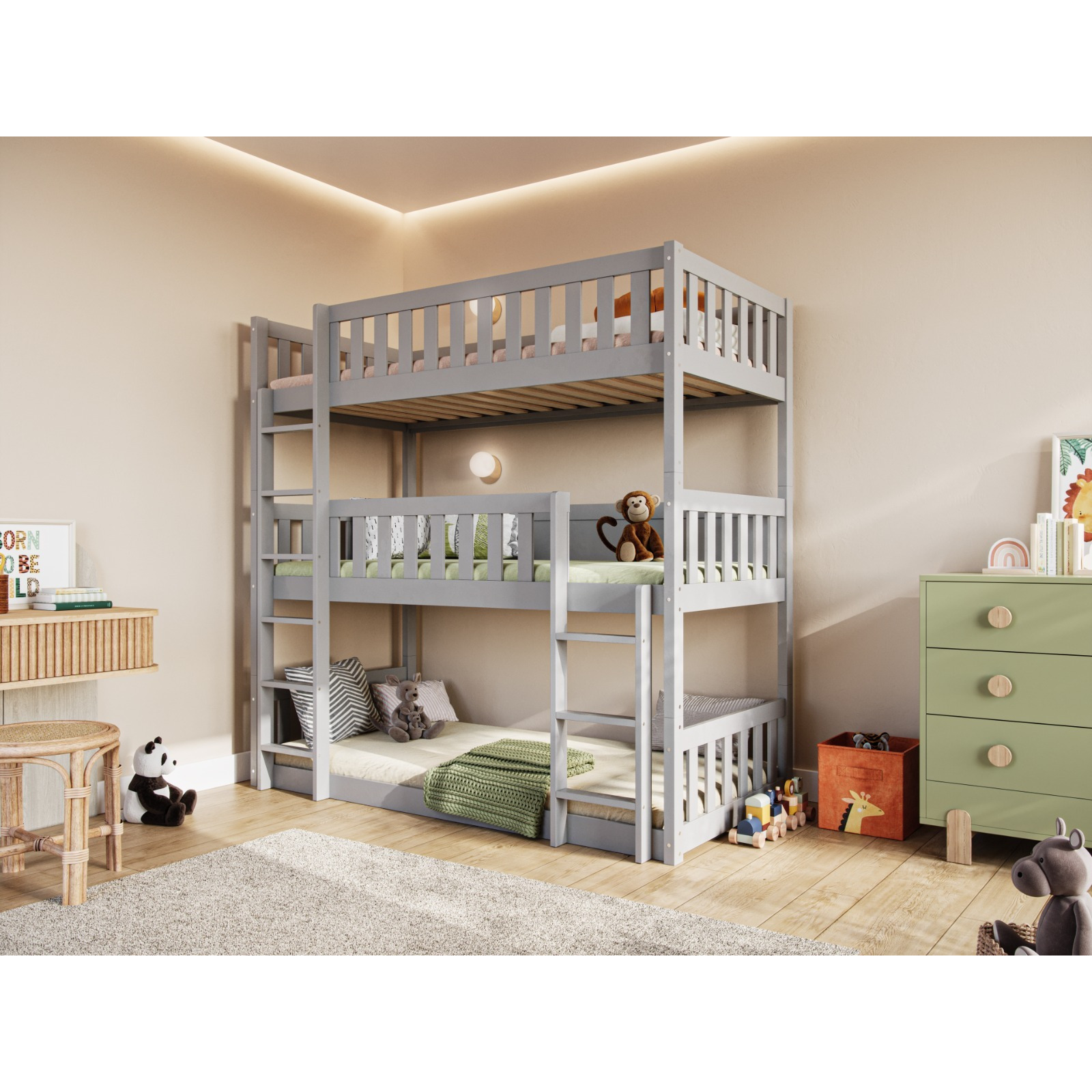 Flair Bea Triple High Wooden Bunk Bed Grey - image 1