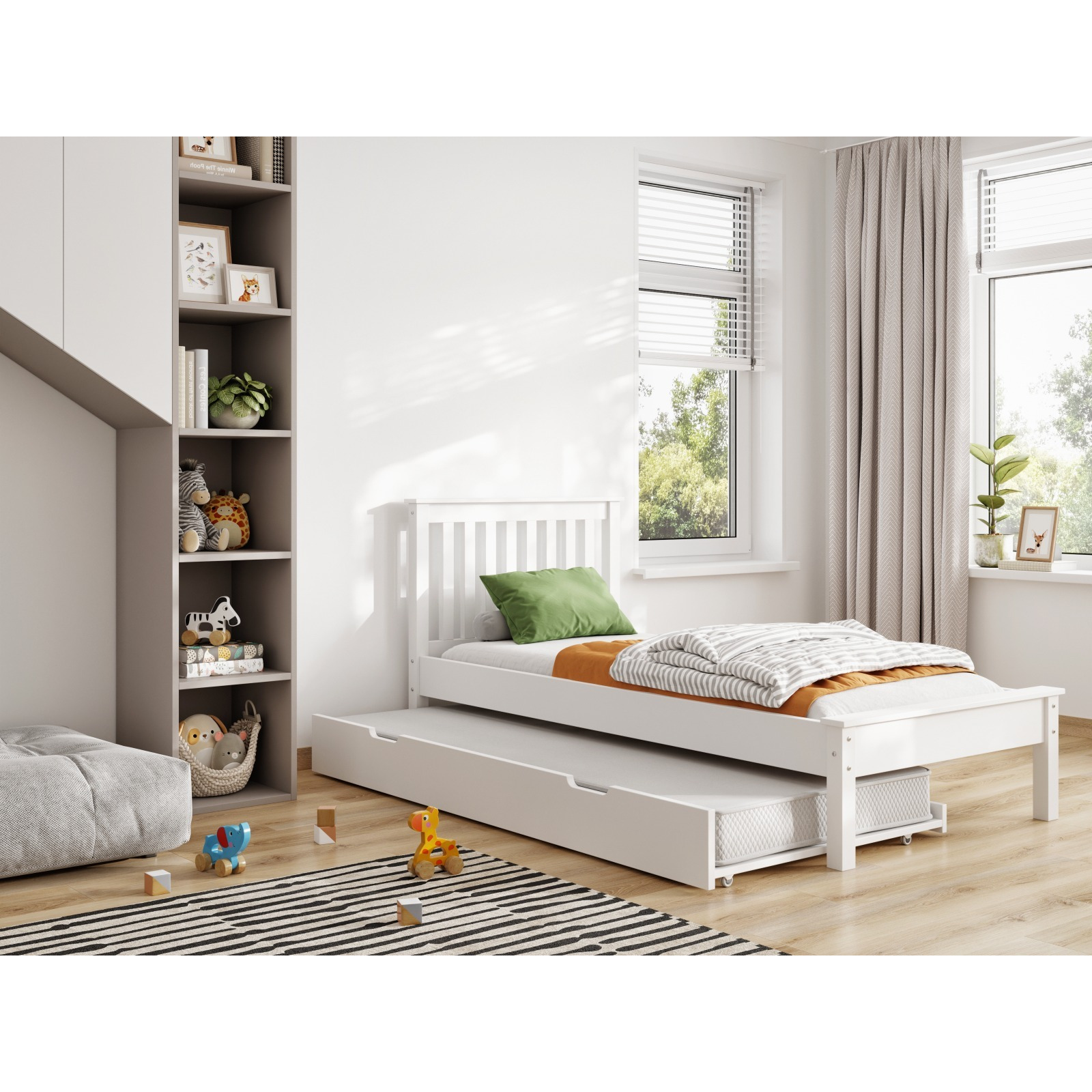 Flair Disley Solid Wood Single Guest Bed with Trundle - White - image 1