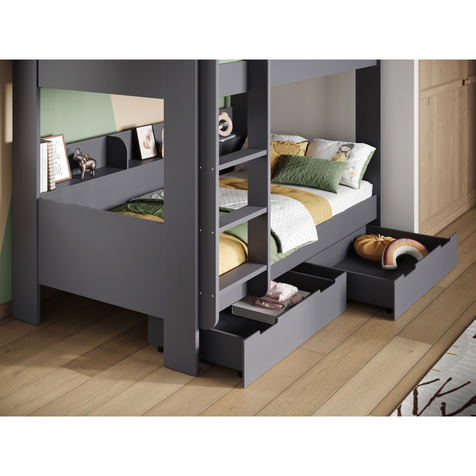 Flair　Grey　Bed　by　with　Wooden　Eddie　Kingdom　Storage　Bunk　Shelves　Bed