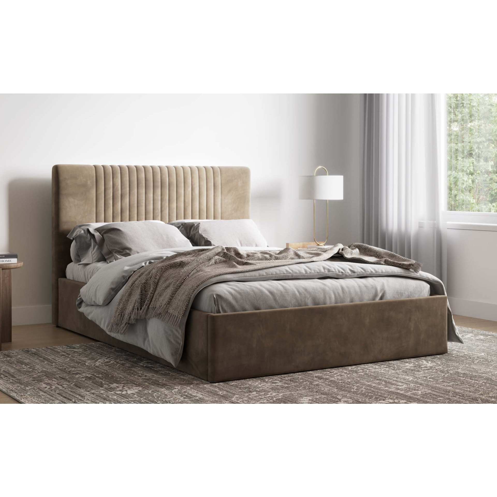 Flair Velvet Sonar Ottoman Bed Mink Kingsize