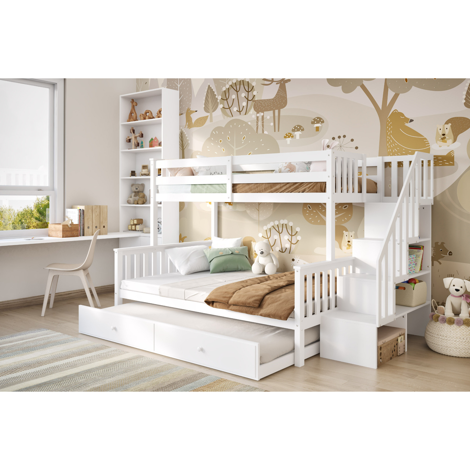 Flair Tag Triple Staircase Bunk With Trundle White - image 1