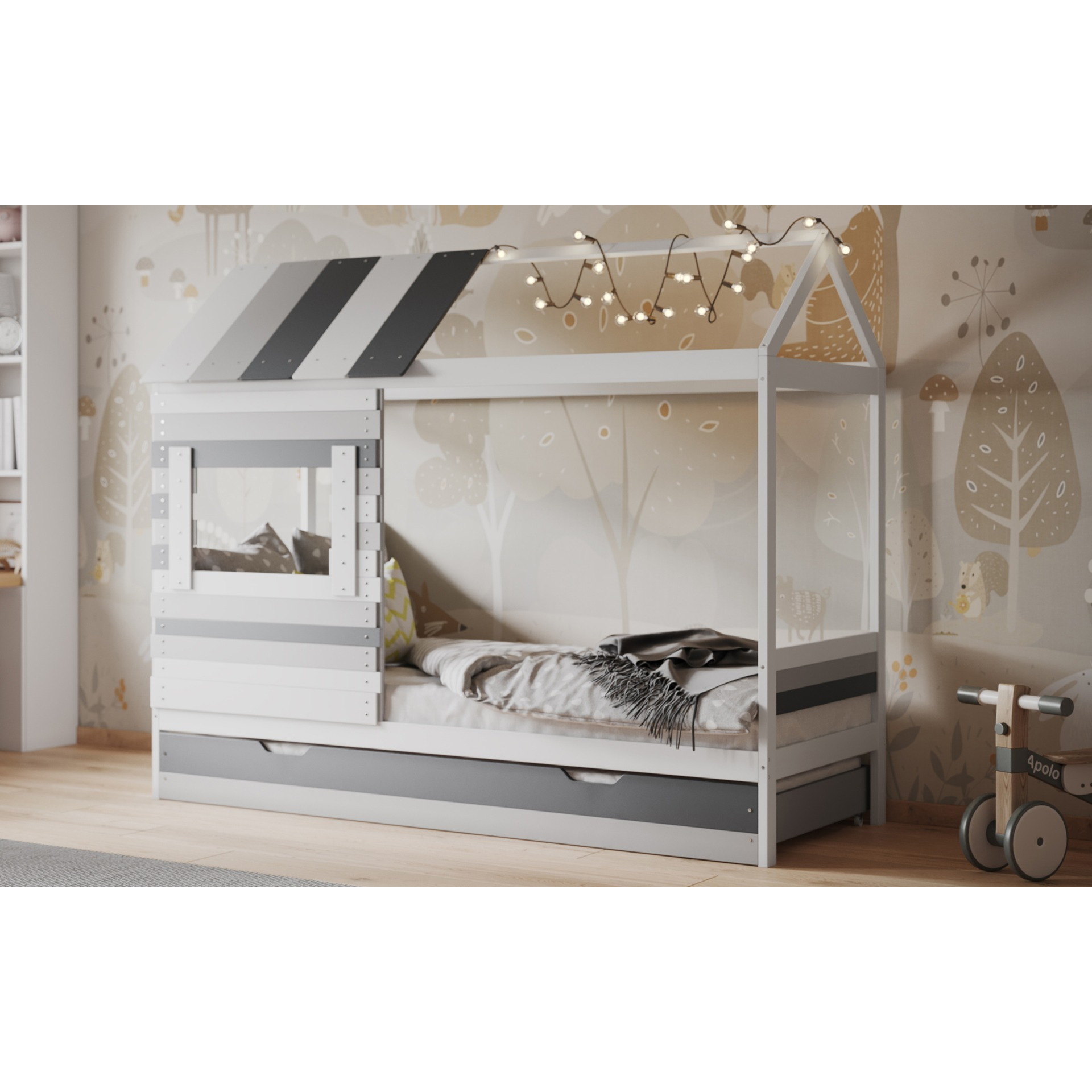 Flair White and Grey Woodland House Bed With Trundle - image 1