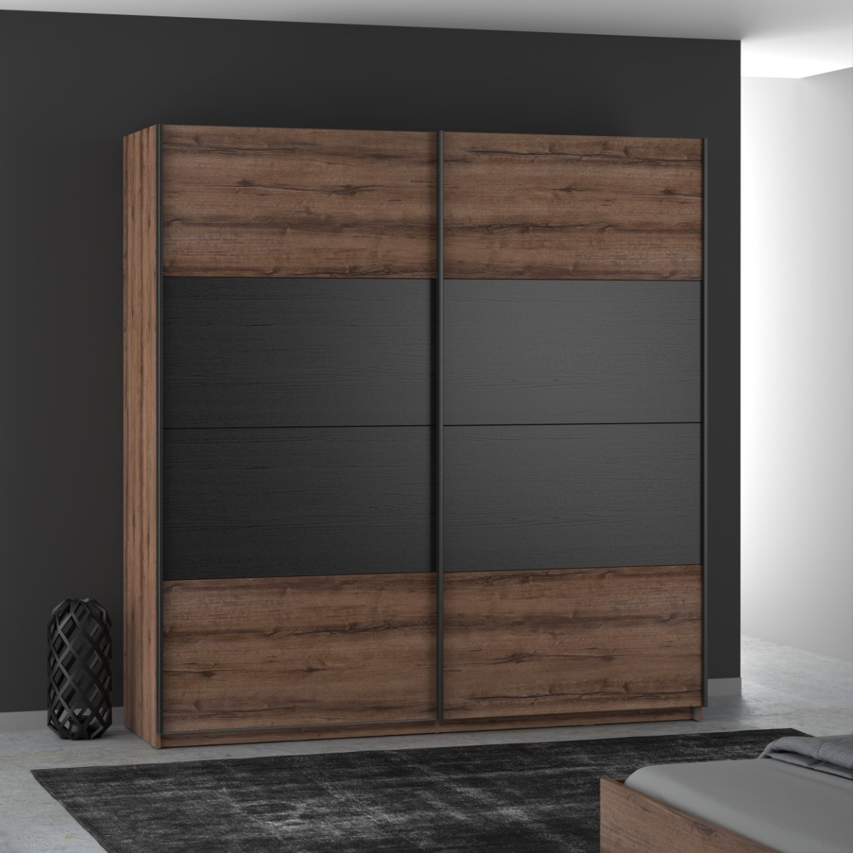 Flair Rudi Sliding Wooden Wardrobe Black & Walnut (170cm)
