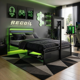 Recoil Panther Metal TV Bed with Storage and LED Headboard Black Metal Small Double