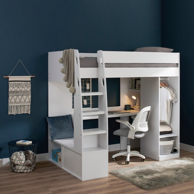 Flair Harry High Sleeper with Desk & Wardrobe White - image 1