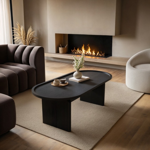 "SOLACE+CO Varm Ribbed Wooden Oval Coffee Table Black " - image 1