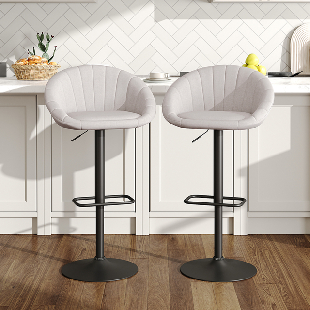 Living & Home Set of 2 Height Adjustable Swivel Bar Stools with Backrest Beige Linen Black Base - image 1