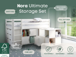 Noomi Nora Mid Sleeper Cabin Bed Full Set White Solid Wood (FSC-Certified) - thumbnail 2