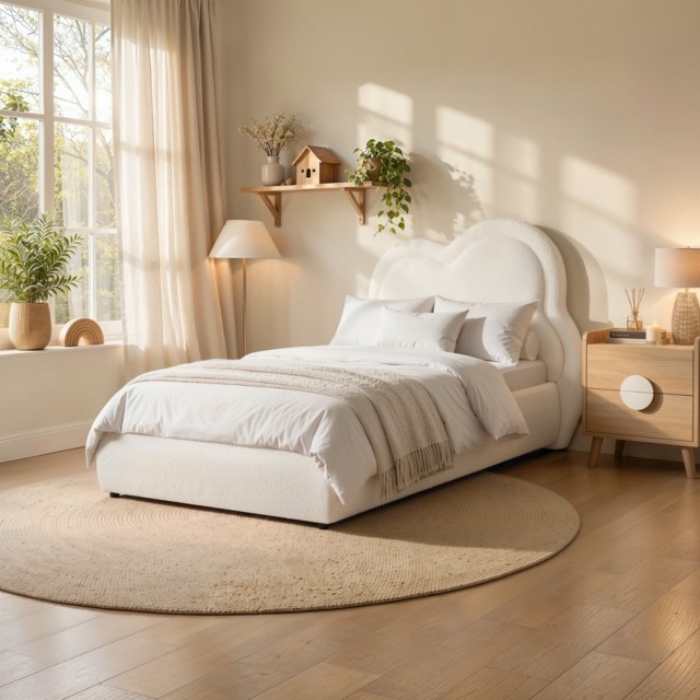 Flair Elyna Single Upholstered Bed with Cloud Headboard Cream Boucle - image 1