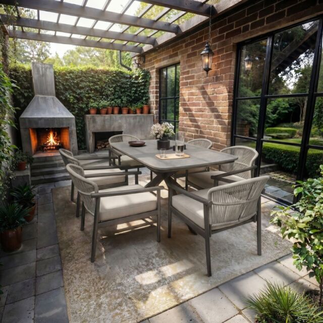 SOLACE+CO Eliza Outdoor Dining Table & Chairs Set Grey & Dark Brown Set of 6 - image 1
