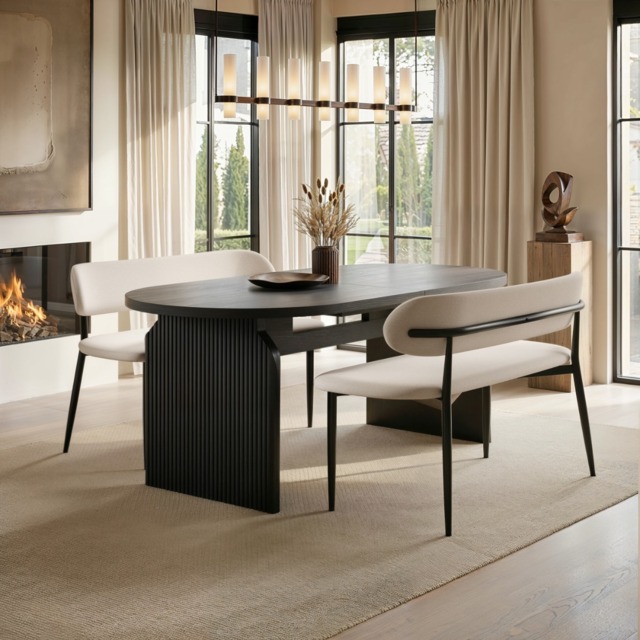 " SOLACE+CO Varm & Cyra Black Extending Dining Table Set with 2 Beige Chenille Benches" - image 1